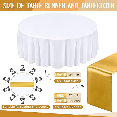 Tudomro White and Gold Round Tablecloth and Satin Runner Set - 8 Pieces, Disposable, 84 Inch