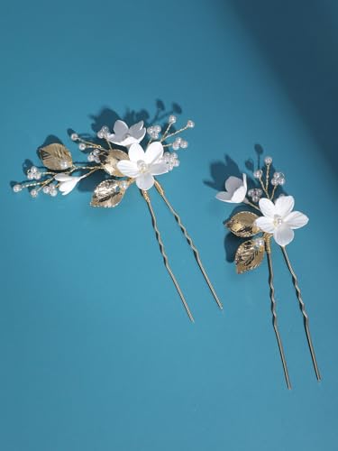 Bridal Hair Pins White Flower Gold Leaf Pearls - SELFCLOUD