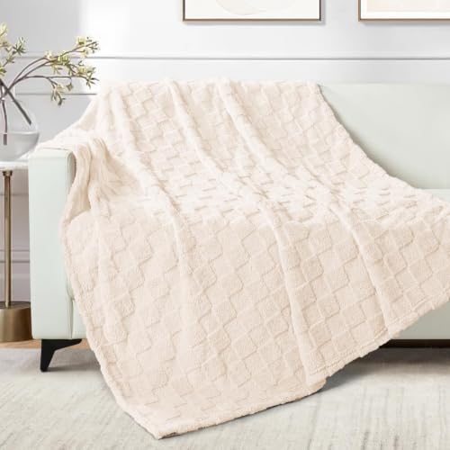 Exclusivo Mezcla 3D Checkered Fleece Throw Blanket, Ivory - Super Soft & Cozy