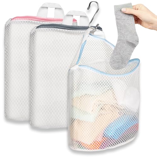 3Pcs Mesh Laundry Bags for Socks with S Hooks, 12x10 Inch, Multi-Color Set - Cociat