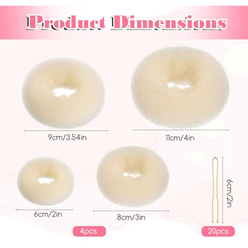 HJZHII Hair Bun Maker Set with 4 Sizes Sponge Donuts and 20 Bobby Pins Cream