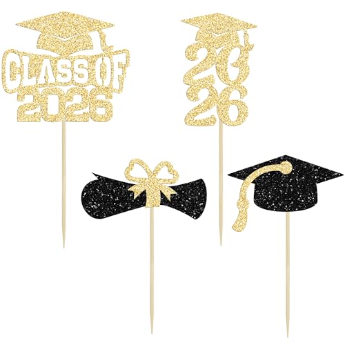 Ephlyn 36Pcs Class of 2026 Gold Glitter Graduation Cupcake Toppers