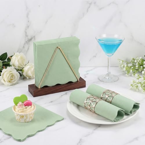 80 Sage Green Scalloped Cocktail Napkins | 2-Ply Disposable Paper Napkins for Parties