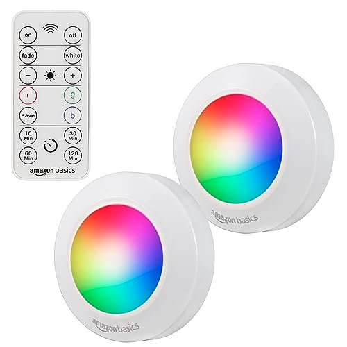 Amazon Basics Motion Sensor LED Puck Light, Color Changing, IR Remote, 2-Pack