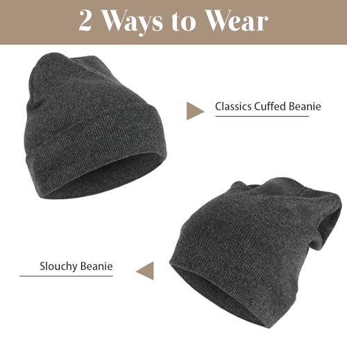 2 Pack Unisex Beanie for Men Women, Slouchy Cuffed Winter Beanie Hats, Soft Warm Knit Beanies Skull Cap Ski Hats- Black, Gray