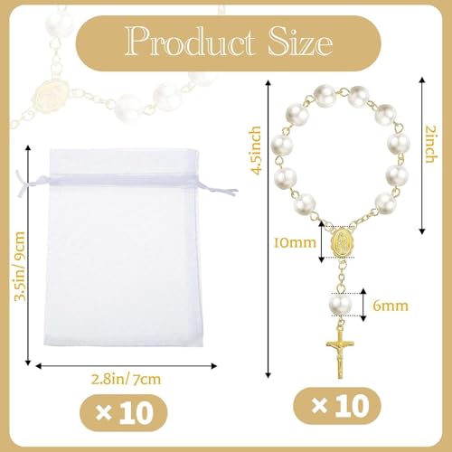 10-Set Gold Pearl Mini Rosary Beads with Organza Bags for Baptism Favors