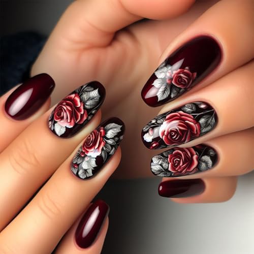 Dark Rose Press on Nails Medium Coffin Wine Red Y2K Acrylic Fake Nails Set