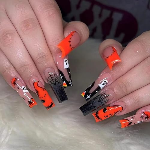 BABALAL Long Square Press on Nails Halloween Black Orange French Tip Goth