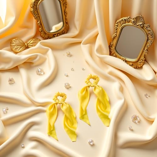 Yellow Satin Ribbon Bow Scrunchies 2-Pack Hair Ties for Ponytails