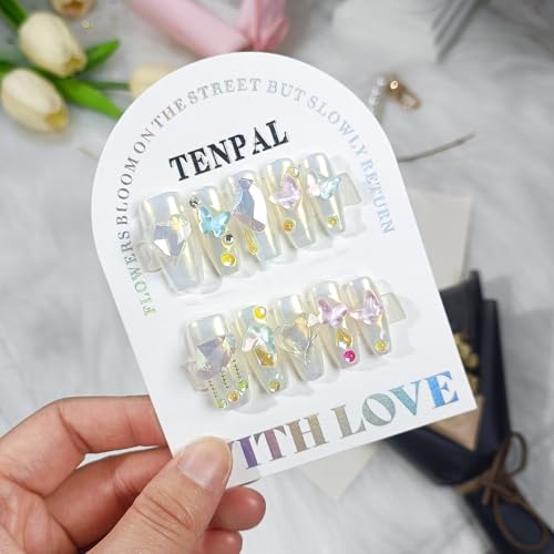 TENPAL Handmade Press on Nails Coffin 3D Crystal Heart Aurora False Nails XS