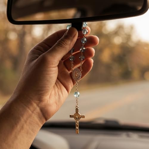 Elegant Blue Rosary Pendant for Car Rearview Mirror Hanger