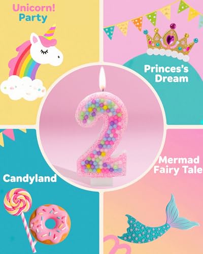 Number 2 Birthday Candle - Pink Macaron Glitter Cake Topper for 2nd Birthday