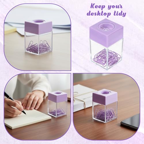 Magnetic Purple Paper Clip Holder with 18 Clips - Desk Organizer