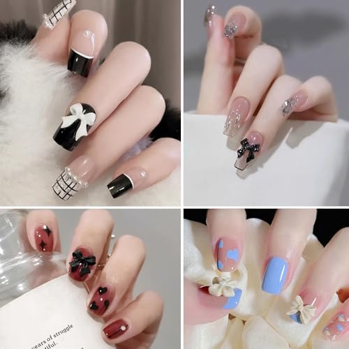 Qdsuh 3D Acrylic Bow Nail Charms with Pearls in 6 Colors for DIY Manicure