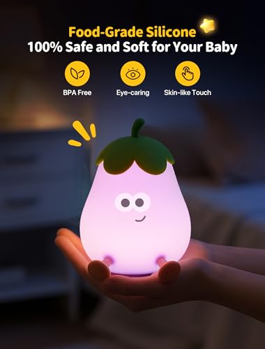Eggplant Night Light - Cute Silicone Lamp, Dimmable LED for Kids