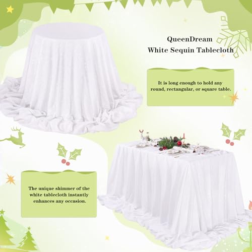 White Wedding Tablecloth 90x90 Inch Sequin Fabric Sparkle Party Decor - QueenDream