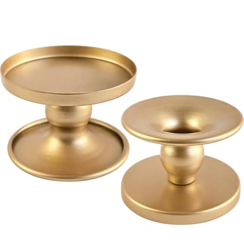Auerllcy Reversible Gold Candle Holders Set of 2 for Pillar & Taper Candles