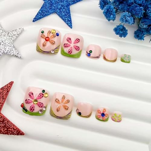 French Tip Press On Toenails Short Square 3D Flower Rhinestone