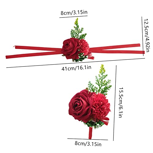 Red Corsage and Boutonniere Set for Weddings - 2 Pack