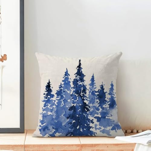 Blue Christmas Tree Pillow Covers Set of 2, 18x18 Inch Holiday Couch Decor