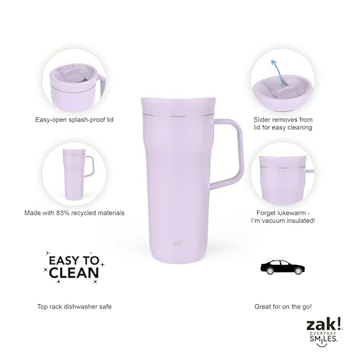 Zak Designs Harmony Tumbler for Travel or At Home, 20oz Recycled Stainless Steel is Splash-Proof and Vacuum Insulated with Slide Lid and Handle (Smoky Lilac Purple)