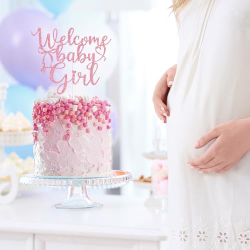 Welcome Baby Girl Cake Topper with Bow Tie Design - Pink Party Decor