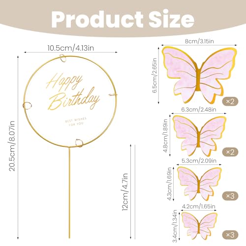 Butterfly Cake Toppers Set - 10 Pink Decorations with Gold Happy Birthday Topper