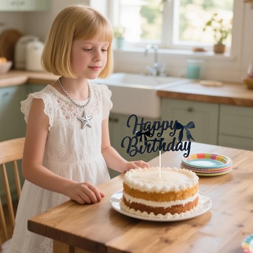 Elegant Black Glitter Bow Birthday Cake Topper for Girls