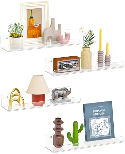 Dooiclear 4 Pack Clear Floating Wall Shelves - 15" Storage