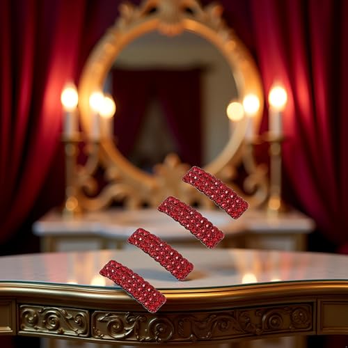 Zhuluck Red Rhinestone Snap Hair Clips Luxury Rectangular Barrette 4-Pack