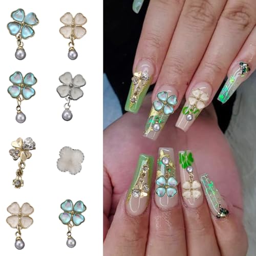 12Pcs Four Leaf Clover Nail Charms 3D Shamrock Gems with Pearls