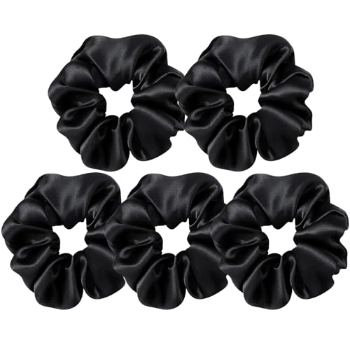 PTSHOW 5 Pack Black Silk Hair Scrunchies for Women