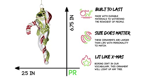 Party Rock Lizard on Candycane Christmas Ornament - Festive Holiday Decor - 2.5 Inch