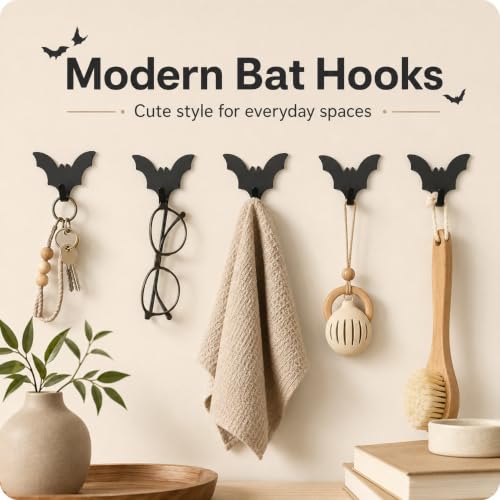 Black Bat Wall Hooks - Set of 8 Adhesive Storage Hooks