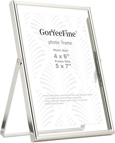 GorYeeFine Silver 5x7 Floating Picture Frame - Fits 3.5x5 & 4x6 Photos, Adjustable for Tabletop & Shelf Display, Wedding & Holiday Decor - Silver / 5x7 For 4x6