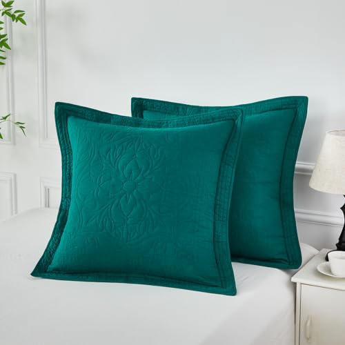 WINLIFE 100% Cotton Quilted Euro Sham Covers, 26" x 26" Square, Emerald Green, 2-Pack