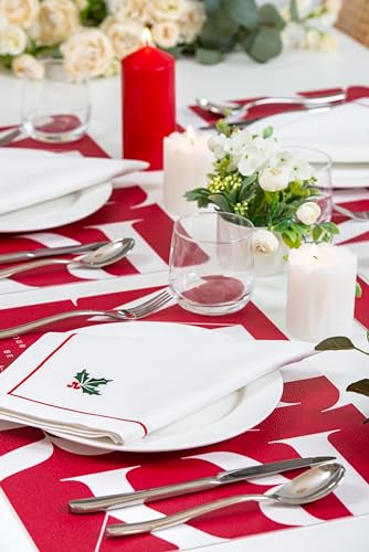 Christmas Holiday Cotton Cloth Napkins Set of 4 - Red & Green Holly Embroidered 20x20 Inches