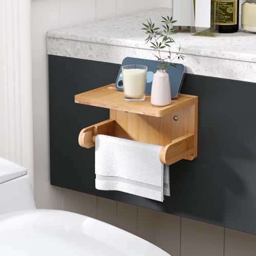 Bamboo Toilet Paper Holder with Phone Shelf - Wall Mounted Organizer