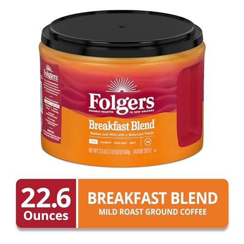 Folgers Breakfast Blend Ground Coffee, Smooth & Mild Coffee, 22.6 Ounce Canister