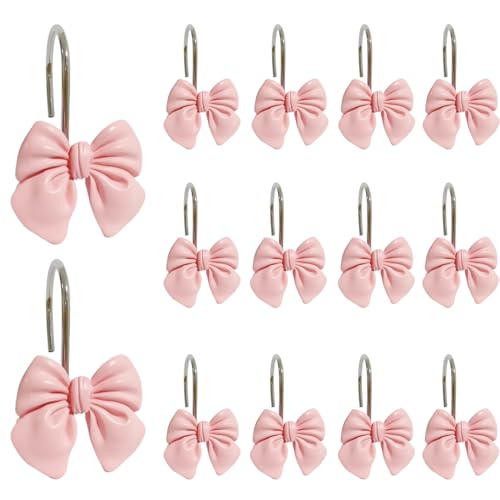 Rust Proof Metal Shower Curtain Hooks with Pink Bow Knot - 12pcs
