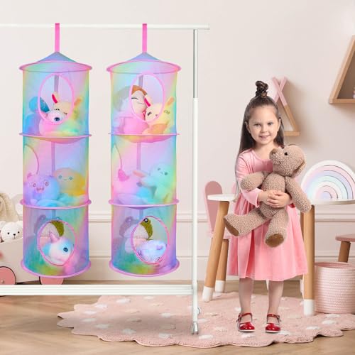 Basumee 2-Pack Hanging Stuffed Animal Storage Hammock, 3-Tier Mesh Organizer for Kids' Room