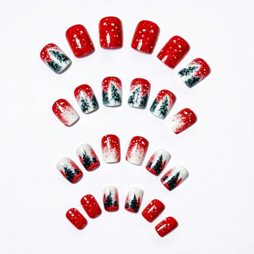 Christmas Press on Nails Short Square Red White Gradient Fake Nails 24 Pcs