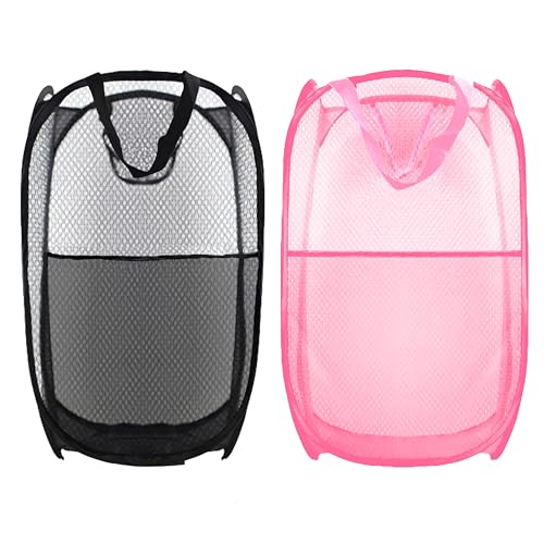 Collapsible Mesh Laundry Hamper 2-Pack, Extra Large Foldable Basket (Black/Pink)