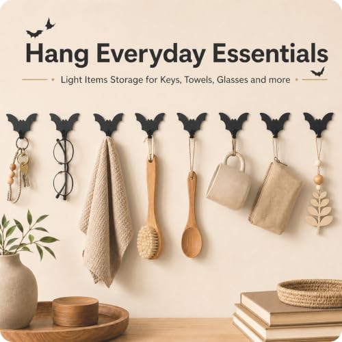 Black Bat Wall Hooks - Set of 8 Adhesive Storage Hooks