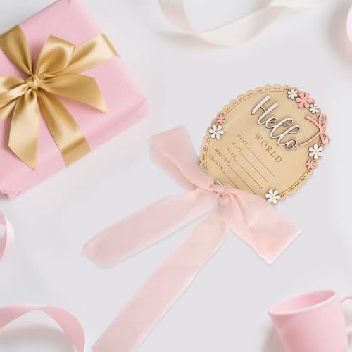 Wooden Baby Announcement Sign with Stand, Hello World Newborn Photo Prop
