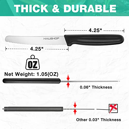 HAUSHOF Serrated Steak Knife Set - 6 Piece Stainless Steel, Black Handle