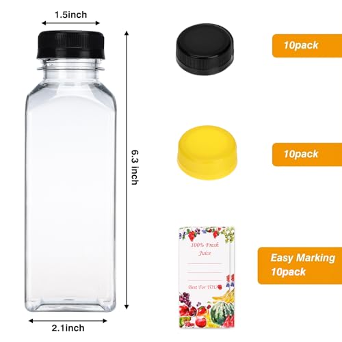 Reusable 12oz Plastic Juice Bottles with Tamper-Evident Caps - 10 Pack