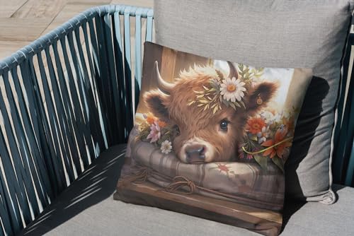 OFlich Highland Cow Pillow Cover 18x18 - Floral Spring Design