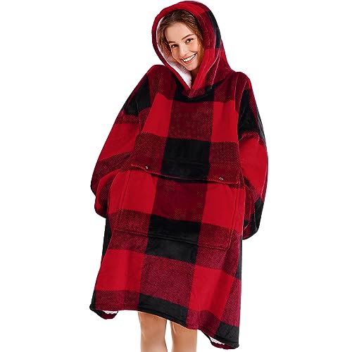 Narecte Cozy Oversized Wearable Hoodie Blanket for Adults - Red Plaid