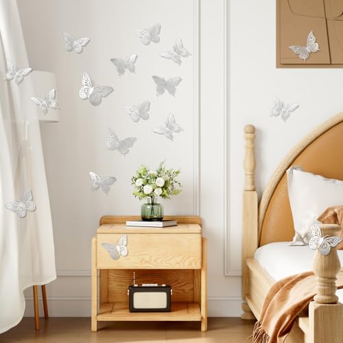 48 Pcs Silver 3D Butterfly Wall Decor Stickers for Crafts and Cake Toppers